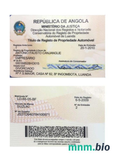 Angola karta rejestracyjna pojazdu wersja 2